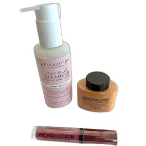 Set Of 3- Revolution Cosmetics, Loose Powder, Cleansing gel, Lip Gloss